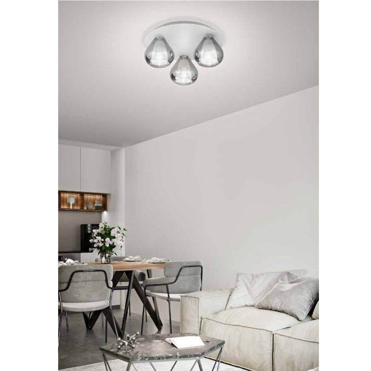 Plafoniera rotonda in metallo con 3 diffusori in vetro dal design moderno