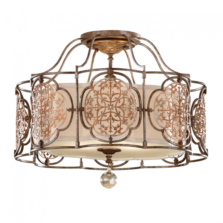 Lampada a soffitto rustica rotonda in acciaio con diffusore in vetro a 3 luci