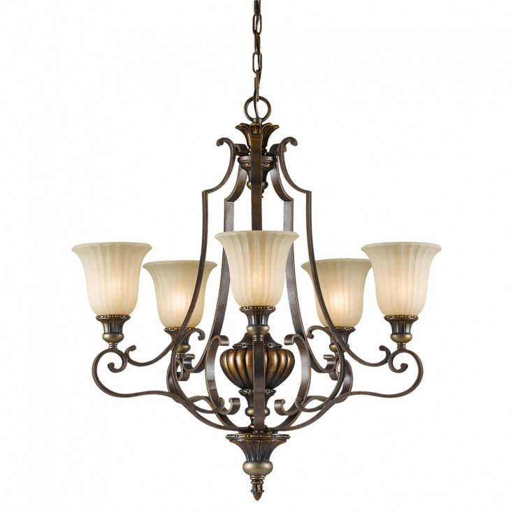 Lampadario dal design classico in acciaio con 5 diffusori in vetro