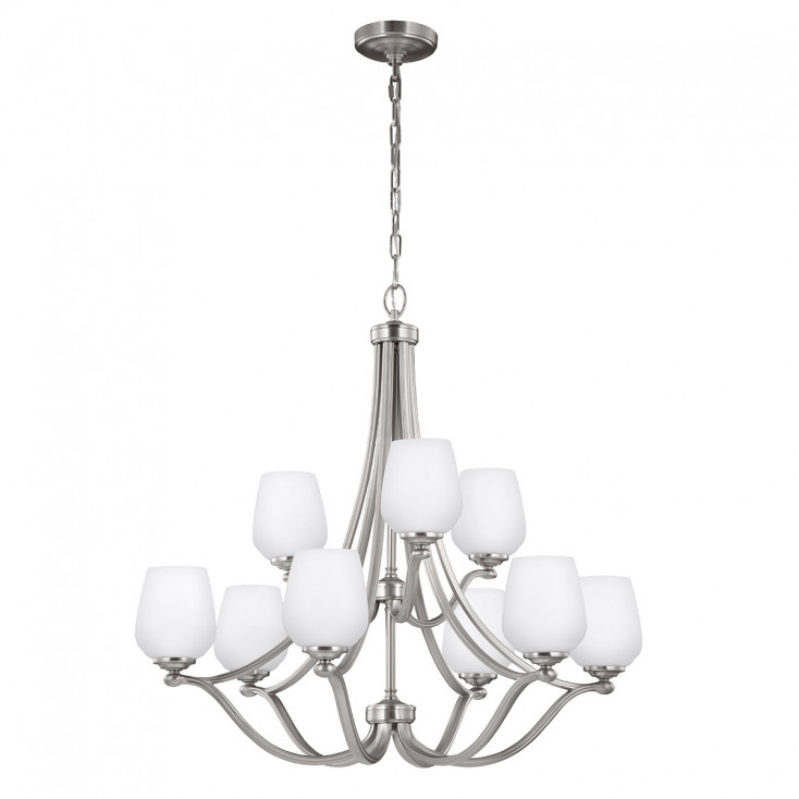 Lampadario grande moderno in acciaio con diffusori in vetro con 9 luci