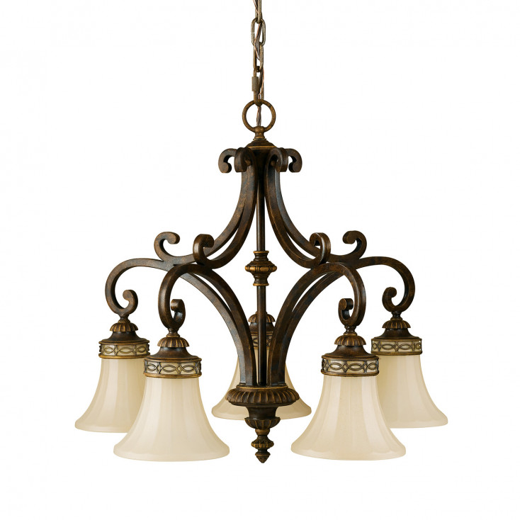 Lampadario in acciaio con 5 diffusori in vetro per salotto in stile classico