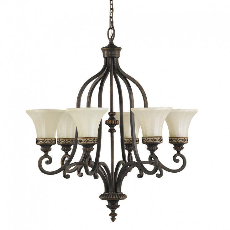 Lampadario in acciaio con 6 diffusori in vetro per salotto in stile classico