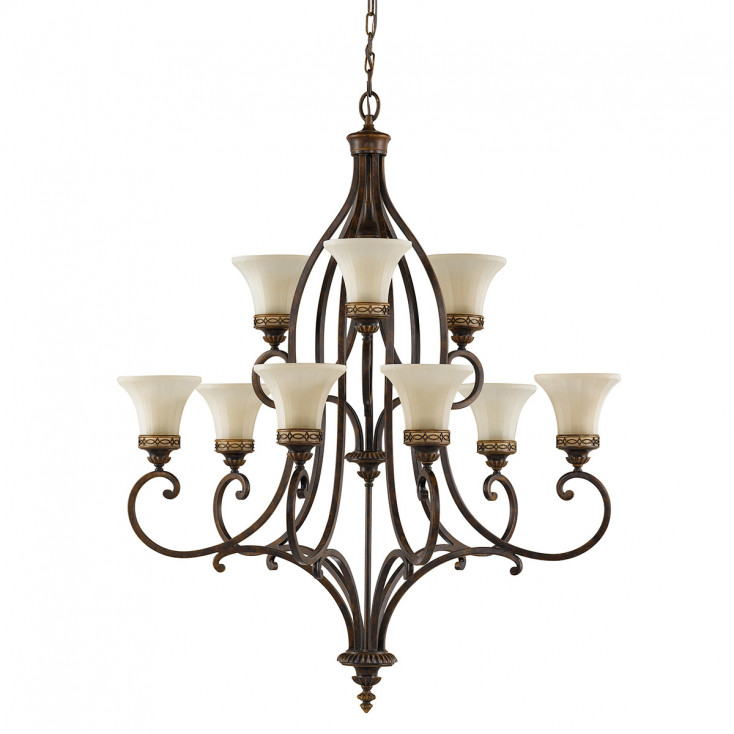 Lampadario in acciaio con 9 diffusori in vetro per salotto in stile classico