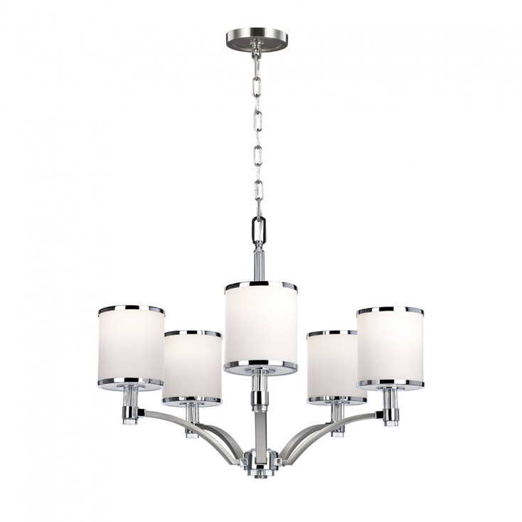 Lampadario moderno in acciaio con diffusori in vetro a 5 luci