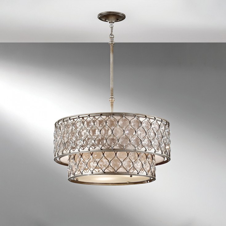 Lampadario moderno in acciaio doppio diffusore rotondo con cristalli a 6 luci