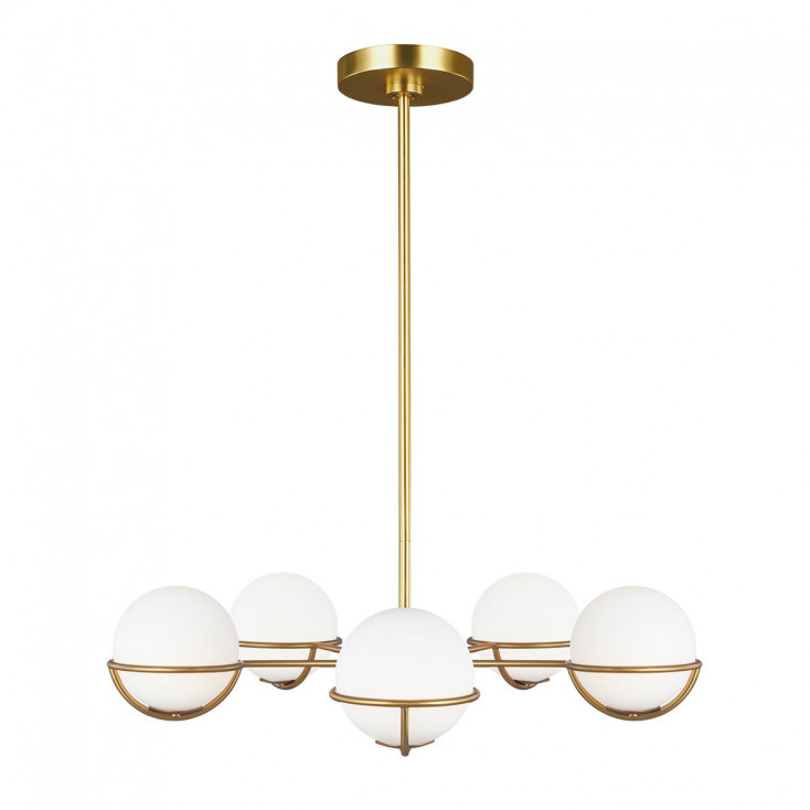 Lampadario moderno struttura in acciaio con 5 diffusori in vetro a boccia