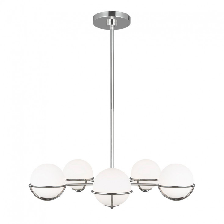 Lampadario moderno struttura in acciaio con 5 diffusori in vetro a boccia