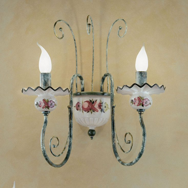 Applique da parete rustica con 2 diffusori in ceramica decorata a mano