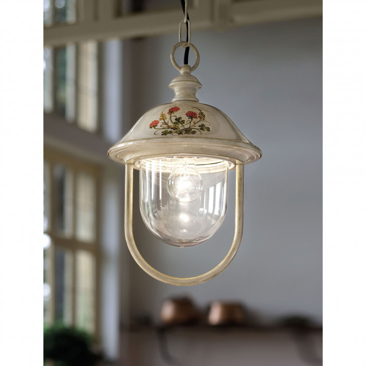 Lampada a sospensione da esterno con paralume in ceramica decorata a mano