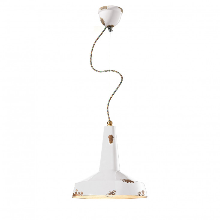 Lampada a sospensione dal design industrial e con diffusore a cono in ceramica
