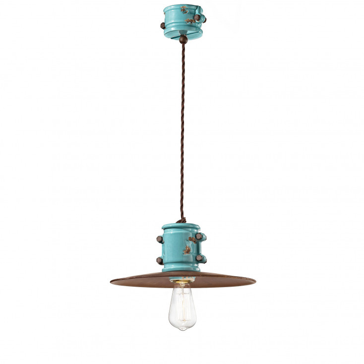 Lampada a sospensione dal design industrial in ceramica con paralume in metallo