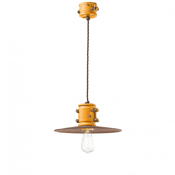 Lampada a sospensione dal design industrial in ceramica con paralume in metallo