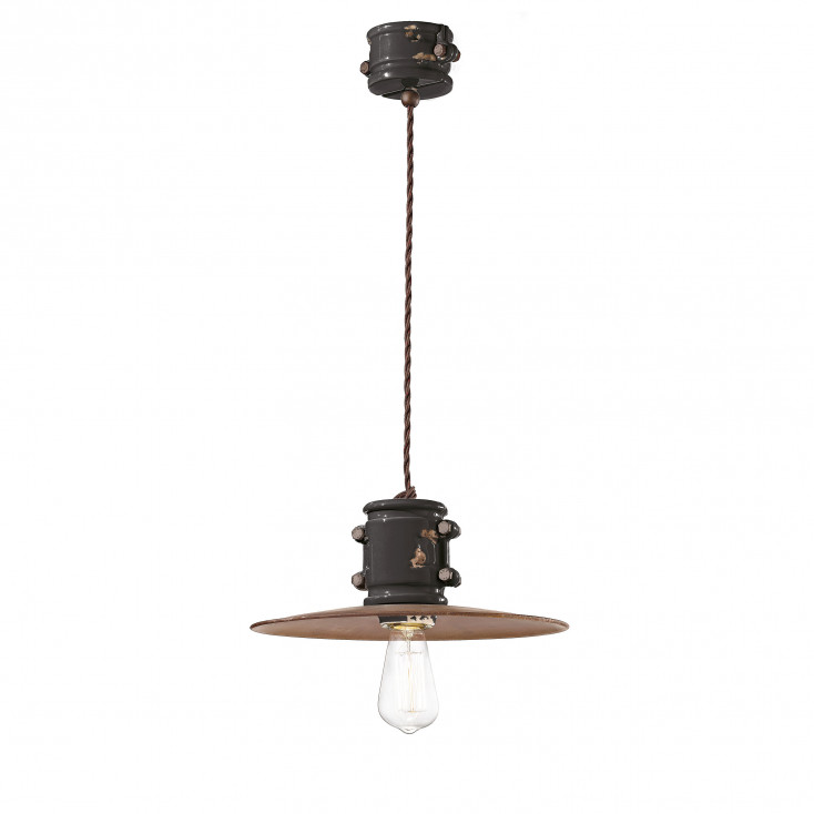 Lampada a sospensione dal design industrial in ceramica con paralume in metallo