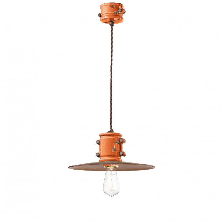 Lampada a sospensione dal design industrial in ceramica con paralume in metallo
