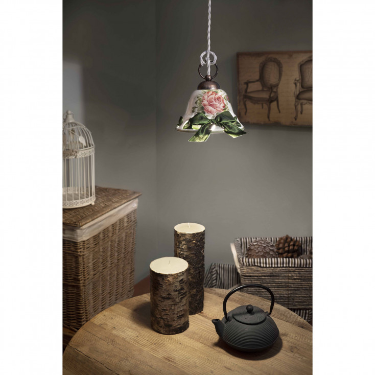 Lampada a sospensione design rustico con diffusore in ceramica decorato a mano