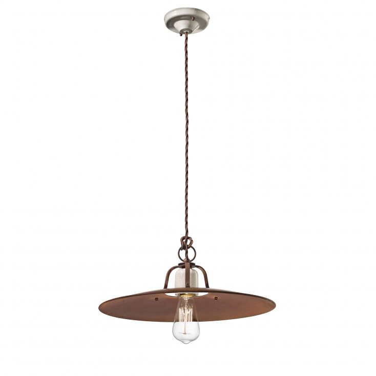 Lampada a sospensione grande con struttura in metallo e dettagli in ceramica