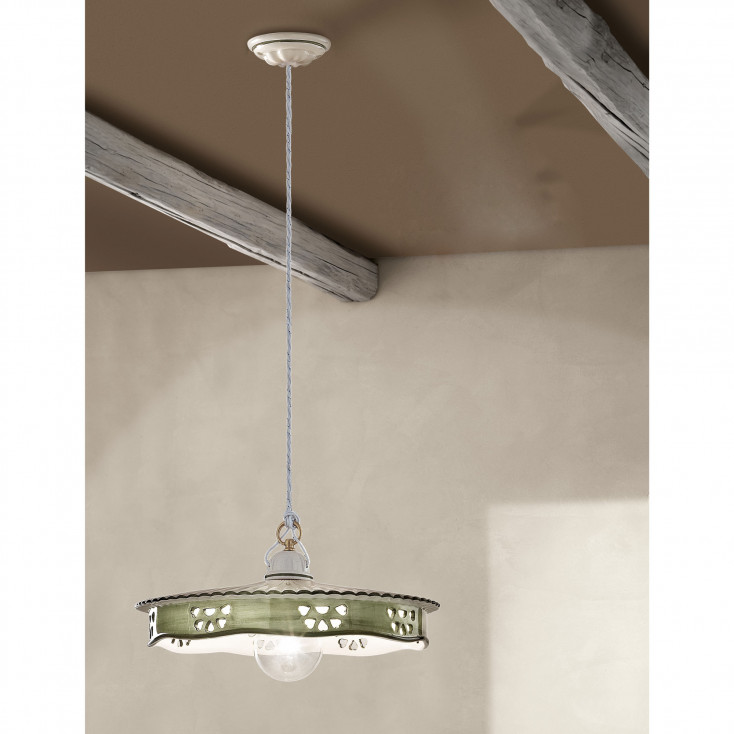 Lampada a sospensione grande in metallo e ceramica in stile rustico