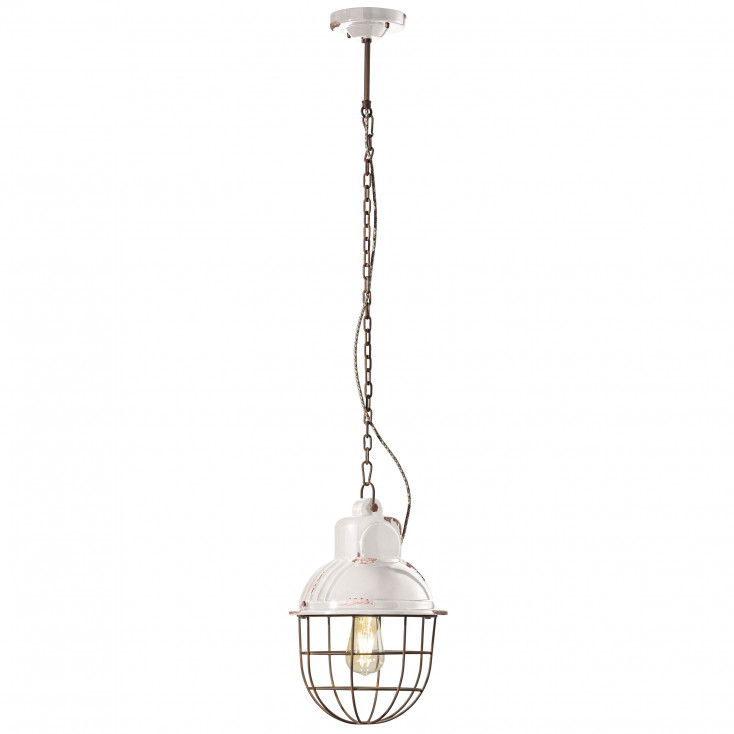 Lampada a sospensione in stile industrial con diffusore in ceramica con gabbia