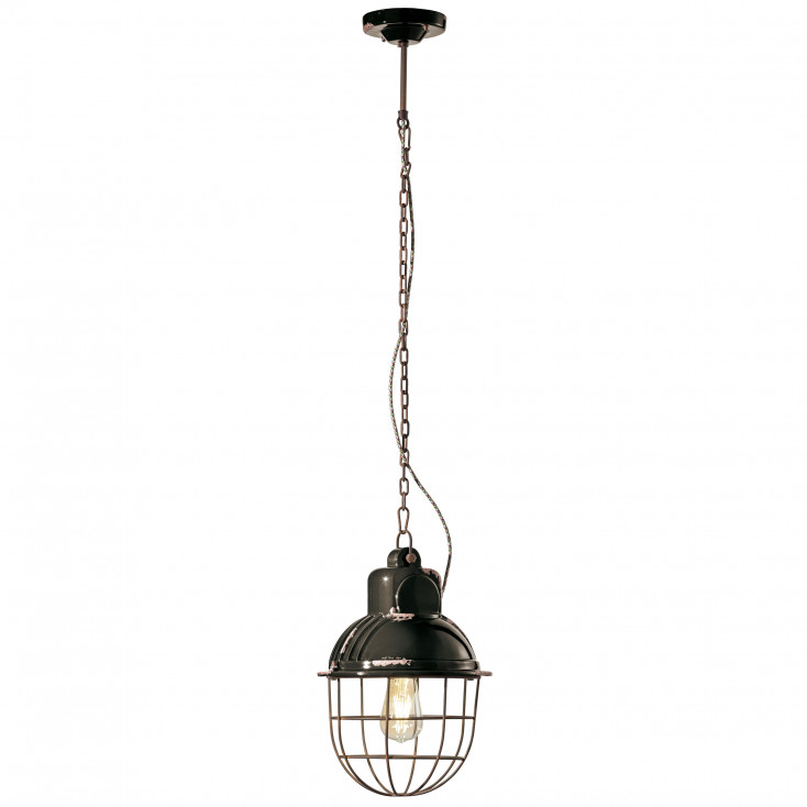 Lampada a sospensione in stile industrial con diffusore in ceramica con gabbia