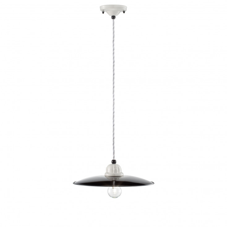 Lampada a sospensione media industrial in metallo e paralume in ceramica