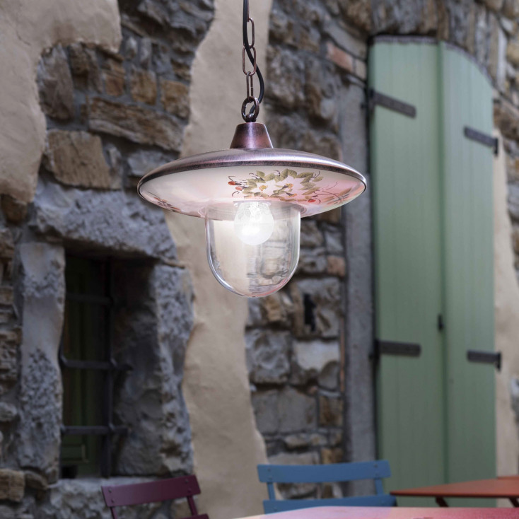 Lampada a sospensione per esterno con paralume in ceramica decorata a mano