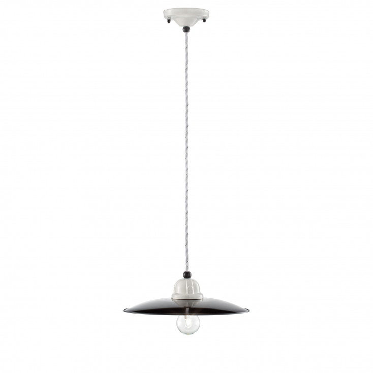 Lampada a sospensione piccola industrial in metallo e paralume in ceramica