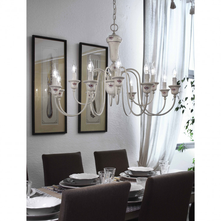 Lampadario con 12 luci rustico in metallo e dettagli in ceramica decorata a mano