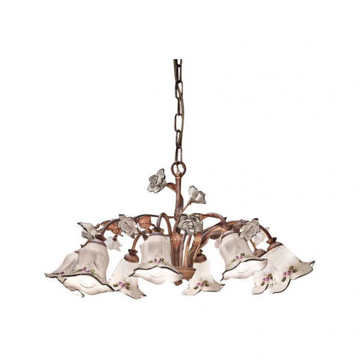 Lampadario rustico con otto diffusori in ceramica decorati a mano