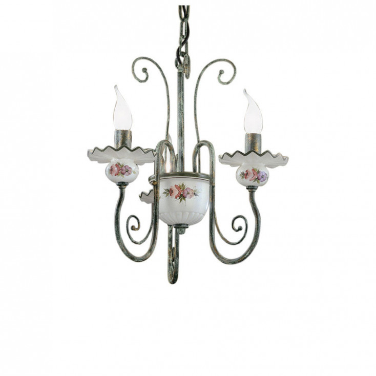Lampadario rustico in metallo con 3 braccia in ceramica decorata a mano