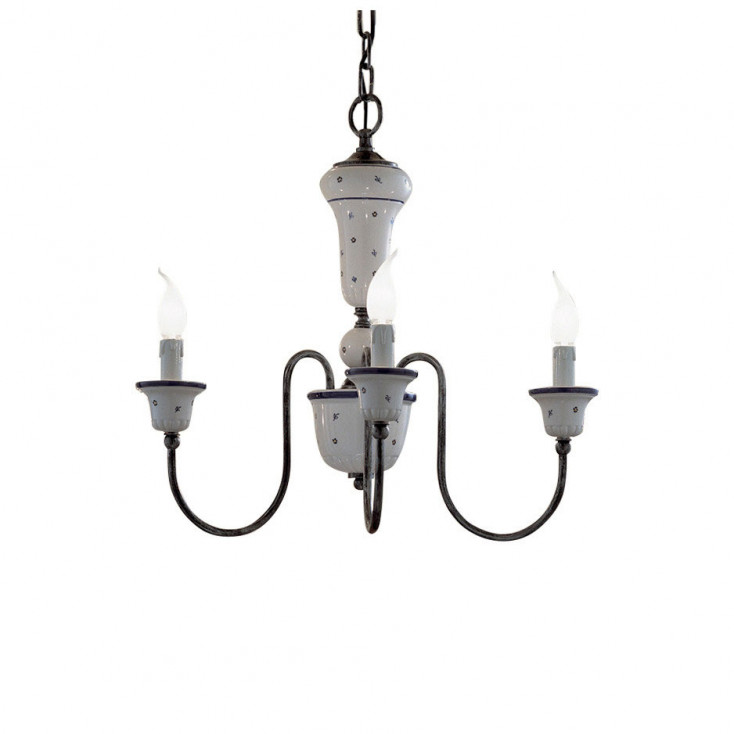 Lampadario rustico in metallo con 3 braccia in ceramica decorate a mano