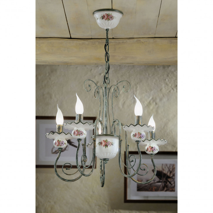 Lampadario rustico in metallo con 5 braccia in ceramica decorata a mano