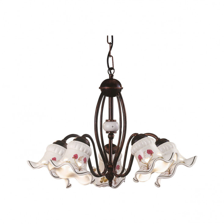 Lampadario rustico in metallo con 5 paralumi in ceramica dipinta a mano