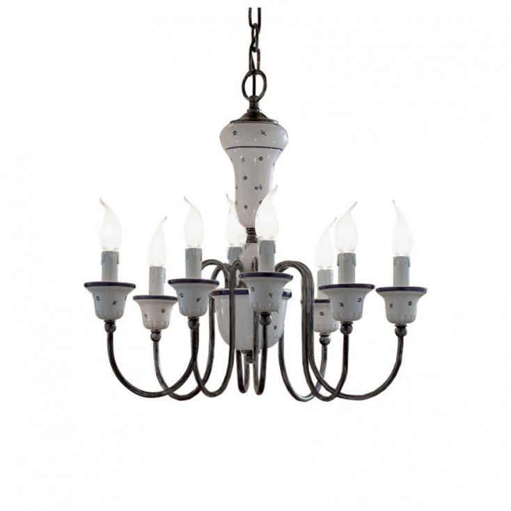 Lampadario rustico in metallo con 8 braccia in ceramica decorate a mano