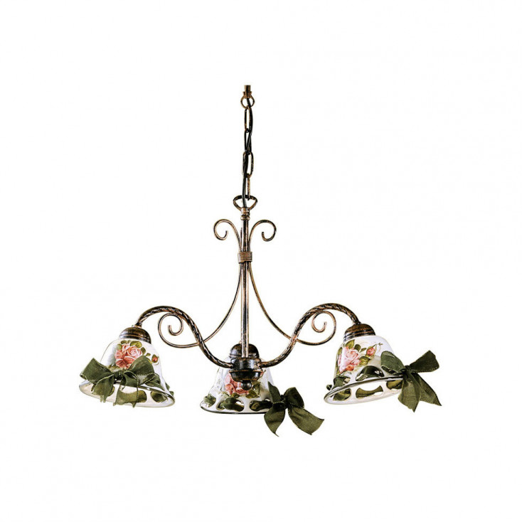 Lampadario rustico in metallo con tre diffusori in ceramica decorati a mano
