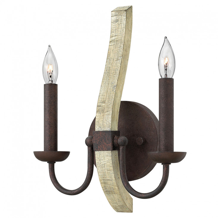 Applique a parete rustica in acciaio a 2 luci con inserto in legno massiccio