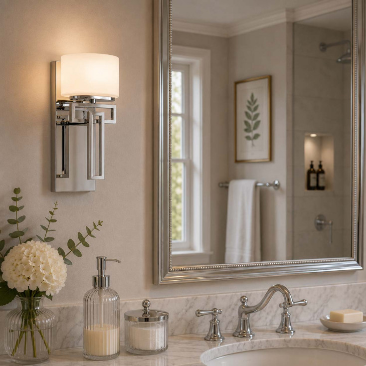 Applique moderna per bagno con struttura in acciaio e diffusore in vetro