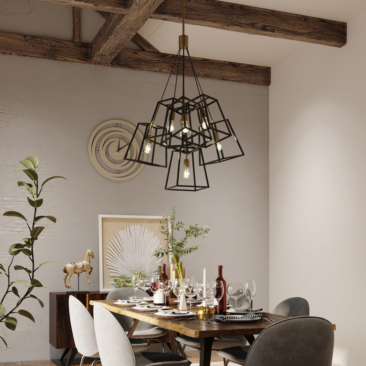 Lampadario a grappolo moderno in acciaio a 7 luci e diffusori geometrici