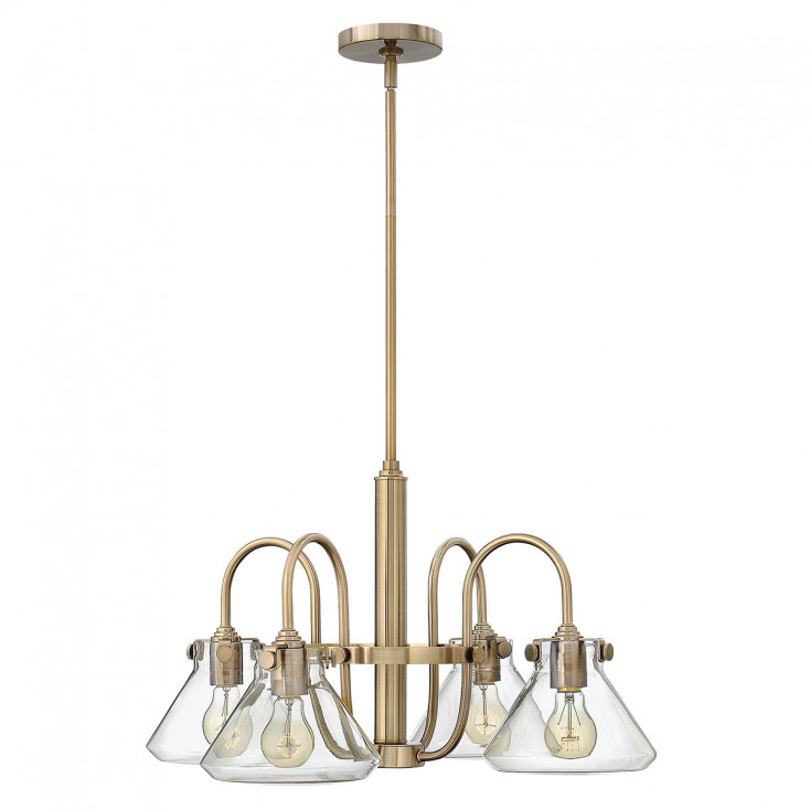 Lampadario dal design moderno in acciaio con 4 diffusori in vetro trasparente
