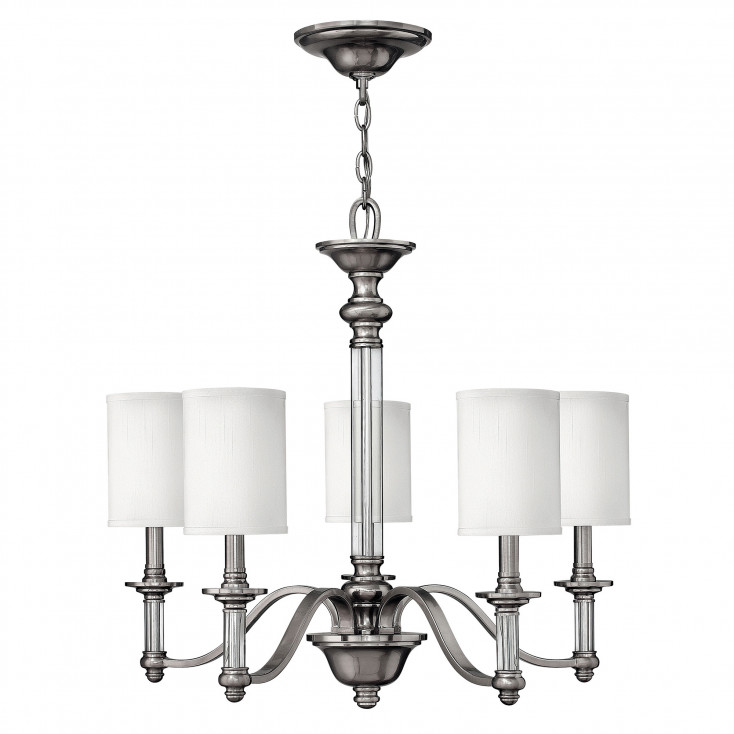 Lampadario dallo stile moderno in acciaio con diffusori in lino a 5 luci