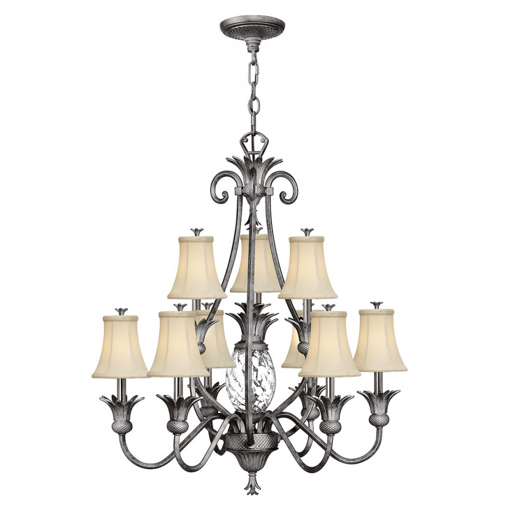 Lampadario gigante rustico in acciaio e in vetro a 10 luci con paralume in lino