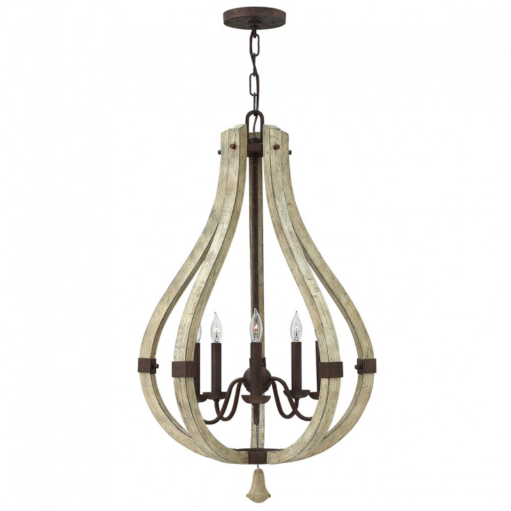 Lampadario grande rustico in acciaio e legno massiccio con diffusore a 5 luci