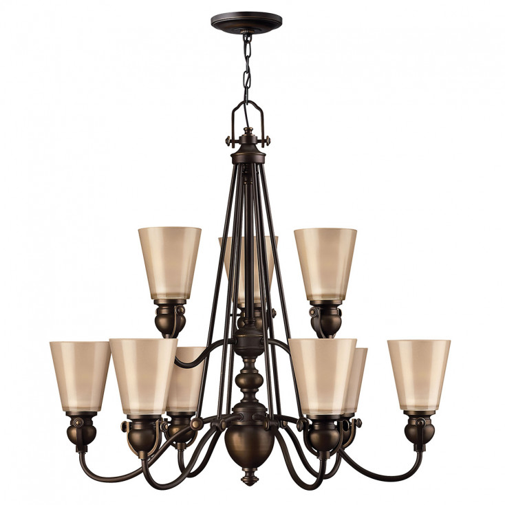 Lampadario grande struttura rustica in acciaio e 6 diffusori in vetro ambrato