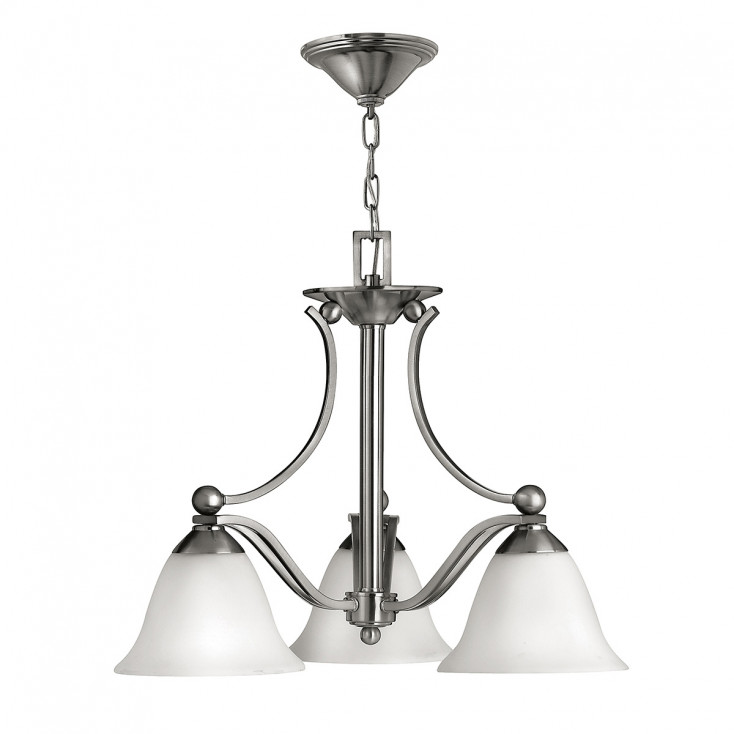 Lampadario in acciaio con 3 diffusori in vetro dal design moderno