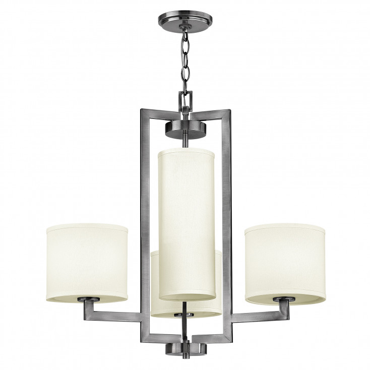 Lampadario in acciaio con diffusori in lino a 4 luci dal design minimal