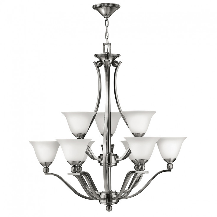 Lampadario in acciaio grande con 9 diffusori in vetro dal design moderno
