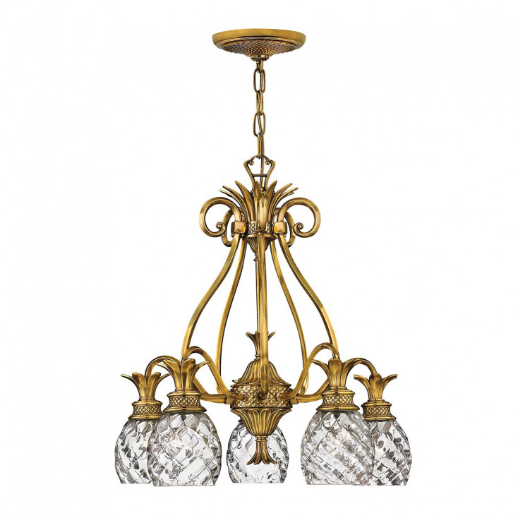 Lampadario in ottone massiccio rustico con diffusori in vetro a 5 luci