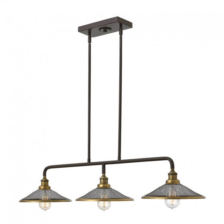 Lampadario lineare in acciaio diffusori a rete a 3 luce dal design industrial