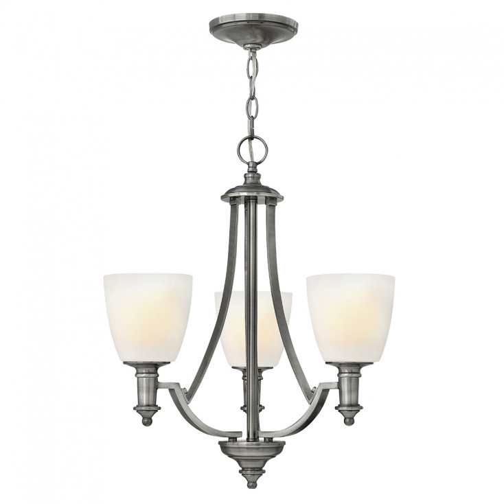 Lampadario piccolo in acciaio con diffusori in vetro a 3 luce dal design moderno