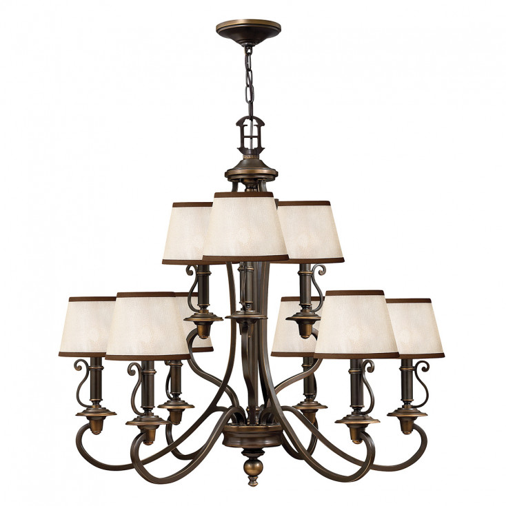 Lampadario rustico grande struttura in acciaio e diffusori in organza a 9 luci