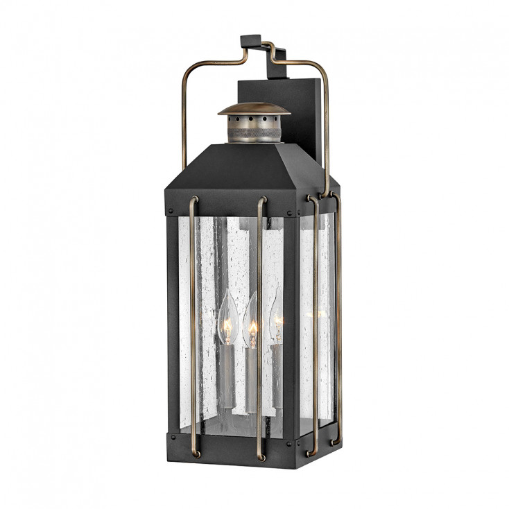 Lanterna da parete grande in alluminio e ottone con diffusore in vetro a 3 luci